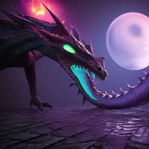 Prompt: Dragon Creepy cosmic color scheme star gazing Unreal Engine 3D Rendered