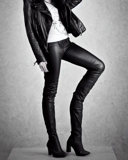 Prompt: young woman in her 20s, she wears a leather jacket and knee high boots, full body portrait, by artgem, taken by a nikon, very detailed face