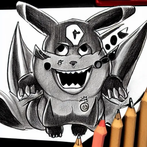 Image similar to Drawing by Kentaro Miura of pikachu bearing its fangs and getting ready to attack