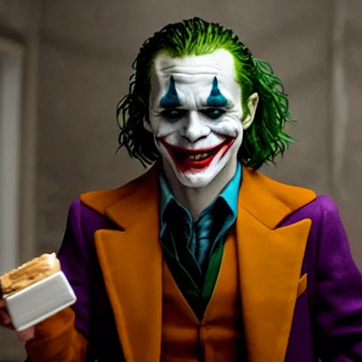 Prompt: cinematic shot of the joker holding a gun and a baking powder biscuit, 8 k, very detailed, very intricate,