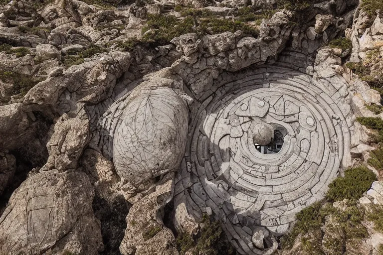 Image similar to photograph by michal karcz of a gigantic paleolothic sphere made of stone with highly detailed carvings by moebius of intricate shamanic robotic electronics and circuits, in a mediterranean lanscape, inside a valley overlooking the sea, mediterranean island scenery, mediterranean vista