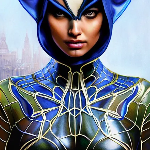 Image similar to an attractive female spiderman wearing an blue ornate metallic helmet, adriana lima, olive skin, long dark hair, beautiful bone structure, intricate, elegant, highly detailed, digital painting, artstation, concept art, smooth, sharp focus, illustration, art by artgerm and greg rutkowski and alphonse mucha