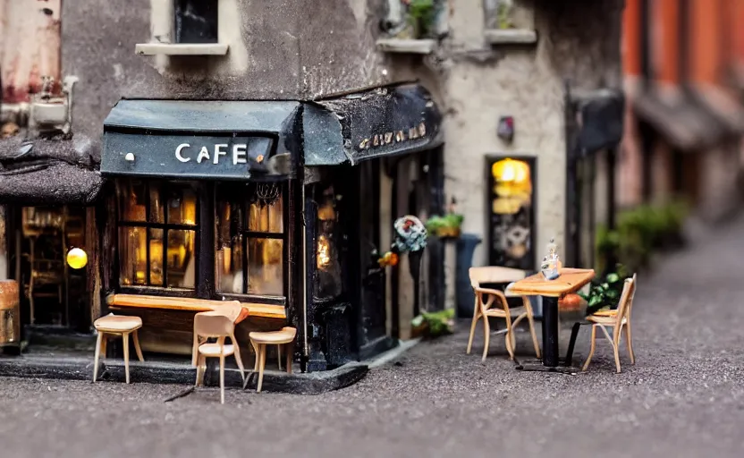 Image similar to miniature cafe diorama macro photography, cafe for mice, alleyway, ambient, atmospheric, british, bokeh, romantic