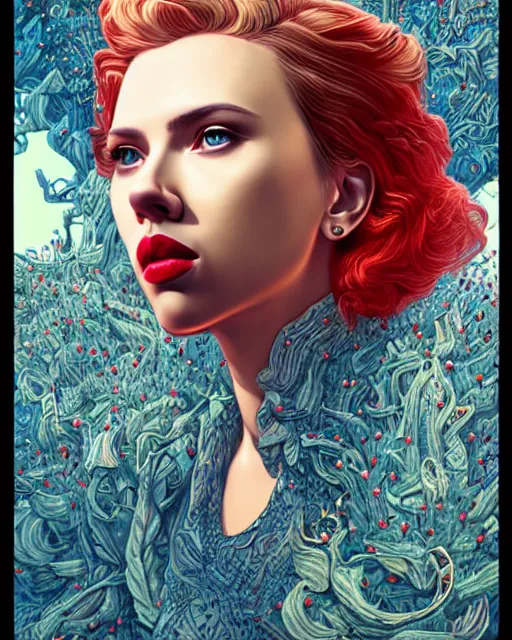 Prompt: highly detailed vfx portrait of scarlett johansson, red lipstick, global illumination, detailed and intricate environment by james jean and victo ngai and tristan eaton