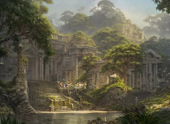 Image similar to Tyrona, Bustling coastal walled ancient city with Roman and Southeast Asian architecture surrounded by lush tropical jungle, anime, lush trees, fountain, a fantasy digital painting by Greg Rutkowski and James Gurney, trending on Artstation, highly detailed