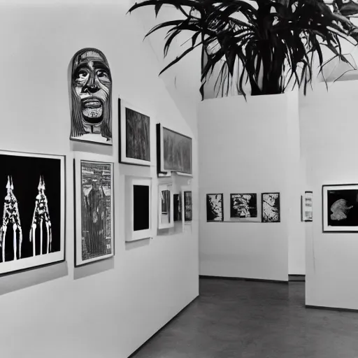 Image similar to A black and white photography printed in offset lithography of an exhibition space with works of Sun Ra, Marcel Duchamp and tropical plants, 60s, Modern Art