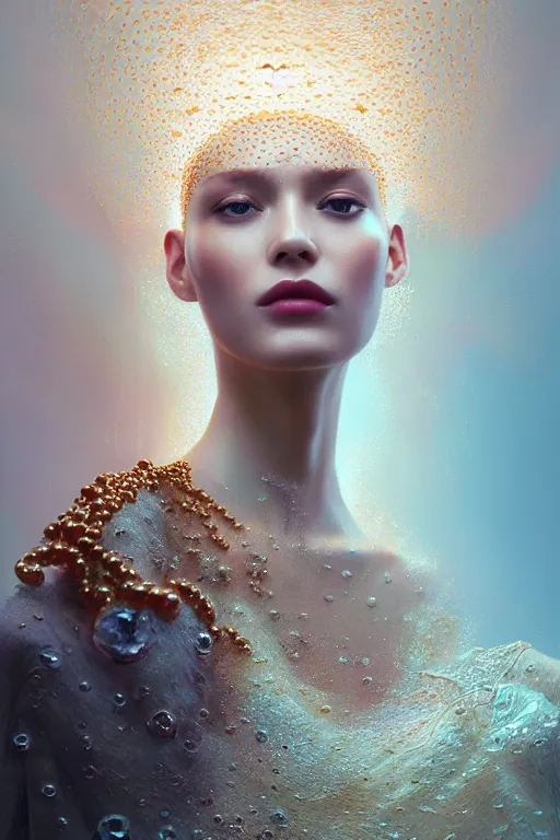 Prompt: 3 d, rain, flame, liquid rose gold, morning, vogue cover style, pearls, poster art, high detail, intricate oil painting, multiple exposure, heaven mood, hyperrealism, 3 d, by tooth wu and wlop and beeple and greg rutkowski