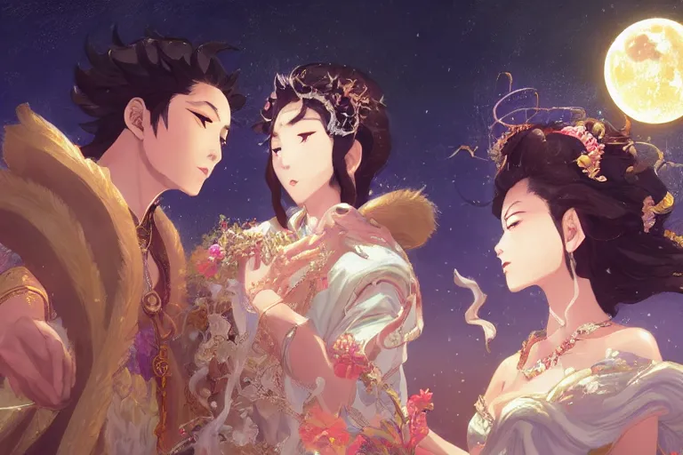 Image similar to close up moment of a divine a japan sun god and a moon goddess lovers magician at a wedding banquet, highly detailed, d & d, fantasy, 4 k realistic, digital painting, trending on artstation, concept art, sharp focus, illustration, art by makoto shinkai and akihiko yoshida and daniel gerhartz