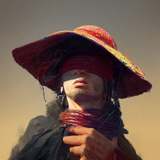 Prompt: portrait of a blindfolded man wearing a multicolored cloak and a wide brimmed straw hat, detailed face, highly detailed, cinematic lighting, digital art painting by greg rutkowski