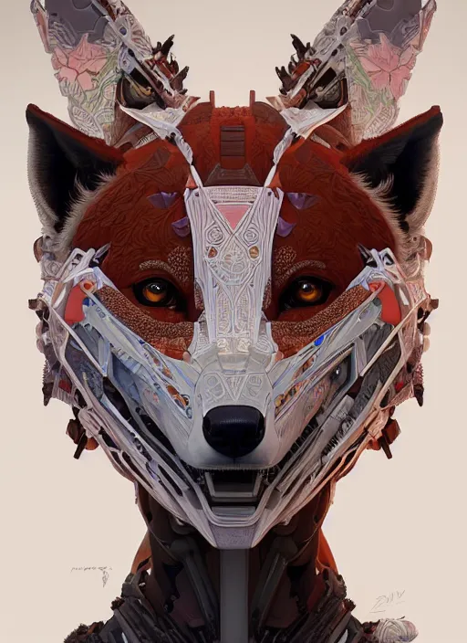 Image similar to symmetry!! portrait of a hybrid robot fox, floral! horizon zero dawn machine, intricate, elegant, highly detailed, digital painting, artstation, concept art, smooth, sharp focus, illustration, art by artgerm and greg rutkowski and alphonse mucha, 8 k