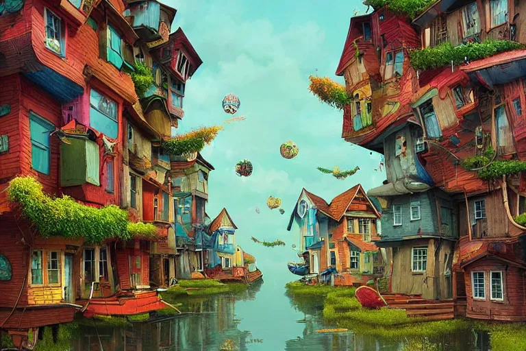 Image similar to surreal city, floating houses in the sky, summer morning, very coherent and colorful high contrast, art by!!!! gediminas pranckevicius!!!!, geof darrow, dark shadows, hard lighting