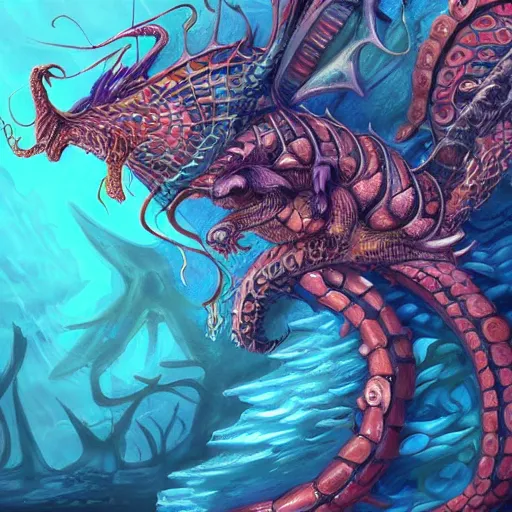 Prompt: underwater sea dragon, d & d style, trending on artstation, colorful, intricate, highly detailed art by ilse gort and yugin maffioli