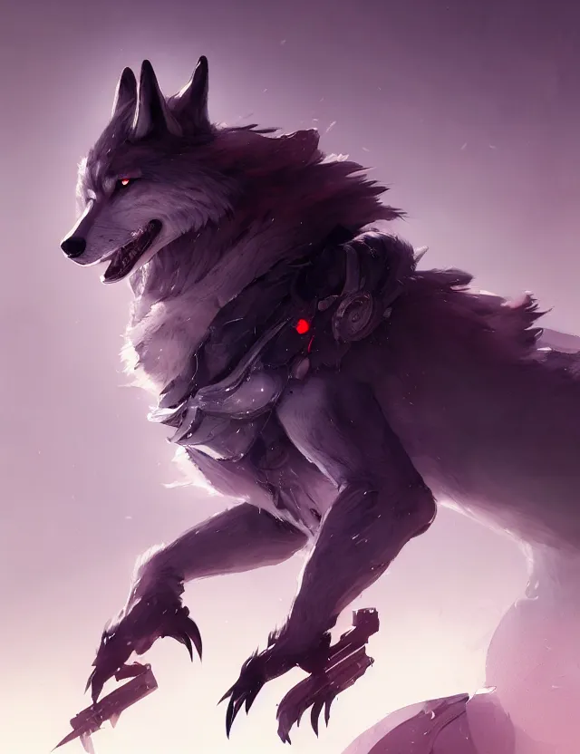 Image similar to handsome dark gray anthropomorphic wolf fursona with long red hair wearing destiny 2 armor. character design by cory loftis, fenghua zhong, ryohei hase, ismail inceoglu and ruan jia. artstation, volumetric light, detailed, photorealistic, fantasy, rendered in octane