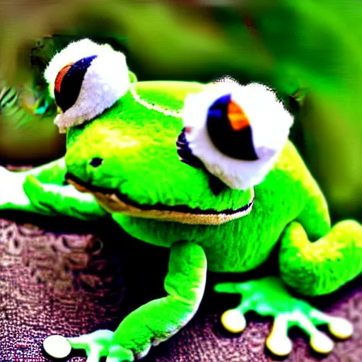 Image similar to cute fluffy plushie frog, cutecore, shaggy, stuffed animal photography,