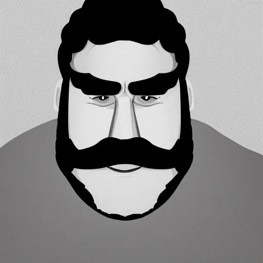 Image similar to face portrait a big beefy man with a large face, thick dark hair, a bushy black moustache, no beard, with hardly any neck and mean little eyes, highly detailed, digital art, sharp focus, trending on art station, drawing