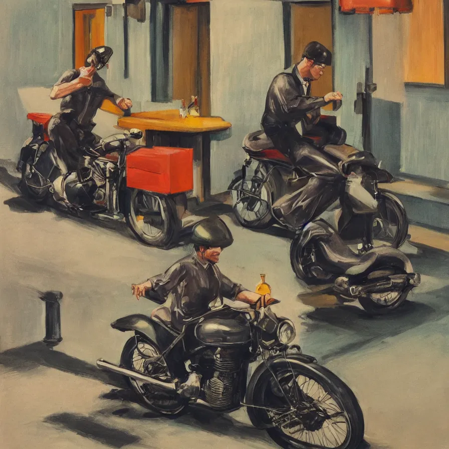 Prompt: a man in a prison jumpsuit on a motorbike, in the style of scott hoarty and edward hopper, 1 9 5 0 s, diner, romantic, cinematic, 4 k,