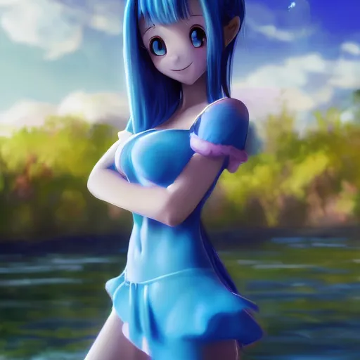 Prompt: smurfette, beautiful anime cute girl by WLOP, full body, fancy top, miniskirt, front view, summer lake setting, cinematic lightning, medium shot, mid-shot, highly detailed, trending on Artstation, Unreal Engine 4k, cinematic wallpaper