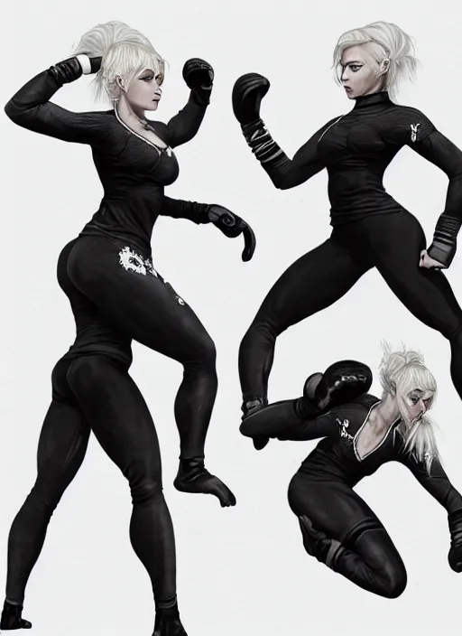 Prompt: a highly detailed illustration of fierce ponytail platinum blonde woman wearing black mma gear and gloves, dramatic muay thai kick stance pose, fairly muscular, athletic, intricate, elegant, highly detailed, centered, digital painting, artstation, concept art, smooth, sharp focus, league of legends concept art, WLOP