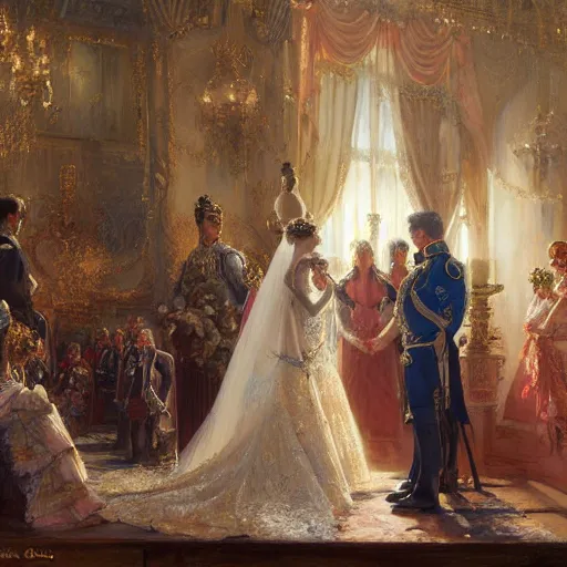 Image similar to detailed painting of prince william marrying attractive gigi hadid, highly detailed painting by gaston bussiere, craig mullins, j. c. leyendecker 8 k, watercolor, royal painting, painting, traditional art