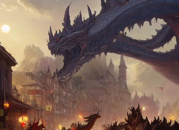 Prompt: giant dragon attacking a town during a parade, highly detailed, digital illustration, artstation, concept art, matte, sharp focus, illustration, dramatic, full moon, art by artgerm and greg rutkowski and alphonse mucha