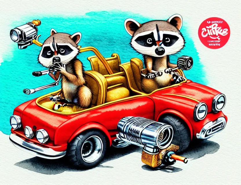 Prompt: cute and funny,'racoon smoking a cigar'riding in a tiny hot rod with oversized engine, ratfink style by ed roth, centered award winning watercolor pen illustration, isometric illustration by chihiro iwasaki, edited by range murata, tiny details by artgerm and watercolor girl, symmetrically isometrically centered