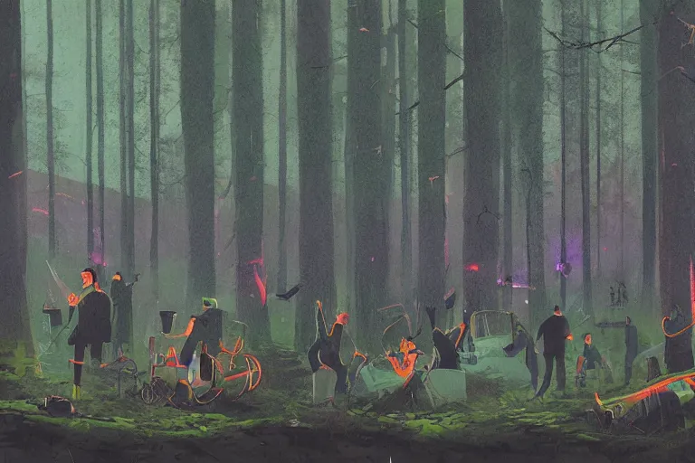 Image similar to mid - thirties guys binge drinking in a forest, in the style of simon stalenhag