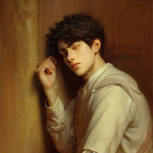 Image similar to detailed portrait of serene anime boy raphael, closed eyes, natural light, painting by gaston bussiere, craig mullins, j. c. leyendecker