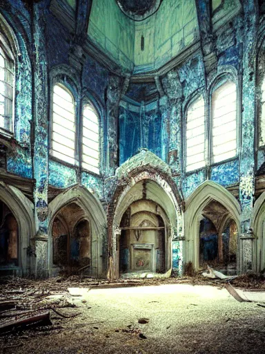 Prompt: interior of an abandoned, overgrown church, blue color palette, photo, digital art, detailed, intricate complexity, artstation