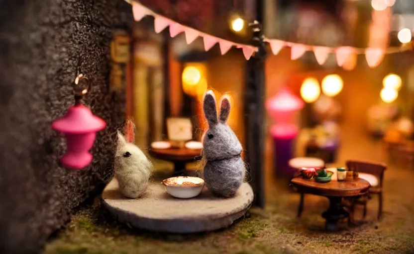 Image similar to miniature cafe diorama, macro photography, cafe with felted bunnies on a date, alleyway, ambient, atmospheric lighting, british, cozy, bokeh, romantic, colorful lanterns, cute decor