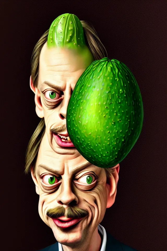 Image similar to caricature renaissance portrait of steve buscemi as a highly detailed respected dragonskinned avocado, fake mustache, dramatic cinematic lighting, 8 k, beautiful intricate painting