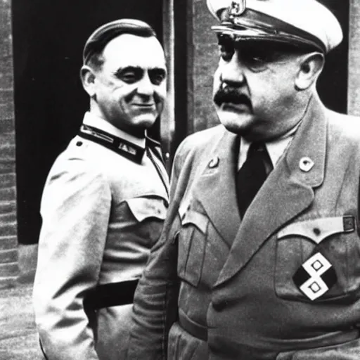 Prompt: 1942 photograph of Danny DeVito in a Nazi officer's uniform standing next to Adolf Hitler