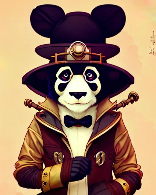 Prompt: don bluth, loish, artgerm, joshua middleton, steampunk, clockpunk anthropomorphic panda, full sailor suit, symmetrical eyes symmetrical face, colorful animation forest background