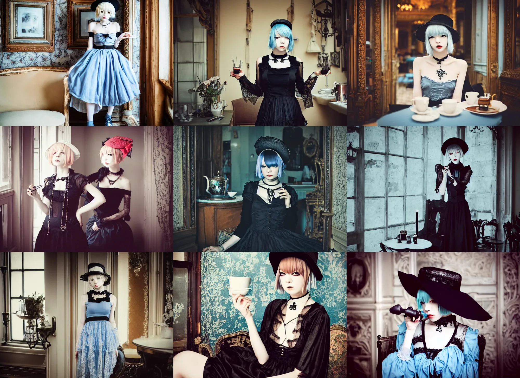 Prompt: lomography, full body portrait photo of reol wearing a elegant gothic dress, open top, wearing a chocker and cute hat, drinking tea in a large open victorian cafe interior, moody, realistic, intricate and detailed, dark, skin tinted a warm tone, light blue filter, hdr, 8 k