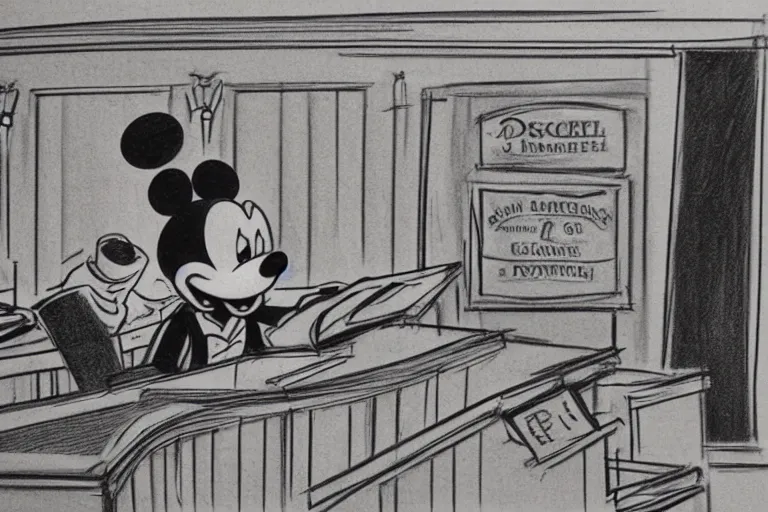 Prompt: detailed background courtroom sketch of vintage disney character mickey mouse presenting evidence of copyright infringement to the judge bench court room wooden serious dark tone