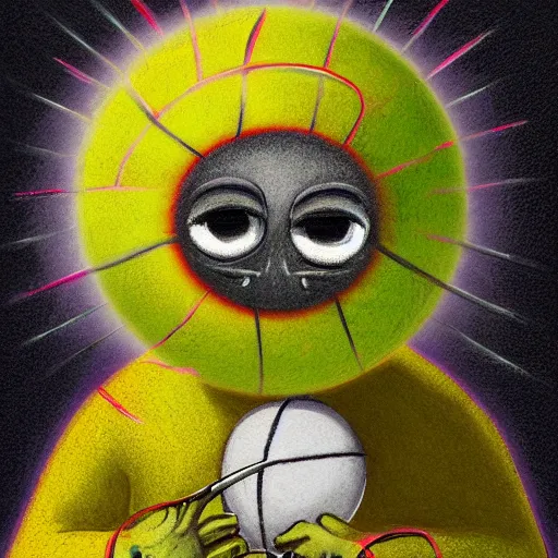 Image similar to a tennis ball monster, tennis ball, dark, chalky, virgin mary, pope, digital art, fantasy, magic, trending on artstation, ultra detailed, professional illustration by Basil Gogos