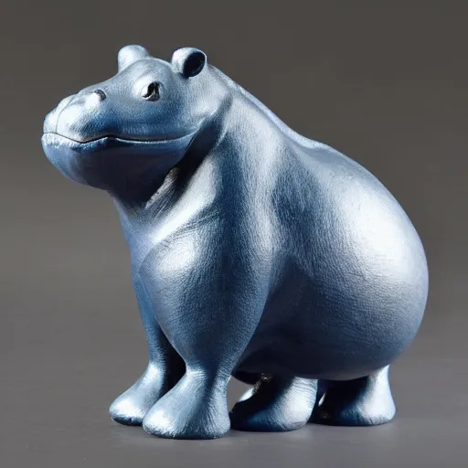 Image similar to small hippo statue, wood blocks bottom hippo body, blue chrome top hippo body, by a genius craftsman, highly detailed