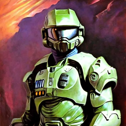 Prompt: ultra realistic portrait painting of zion williams as master chief, art by frank frazetta, 4 k, ultra realistic, highly detailed, epic lighting