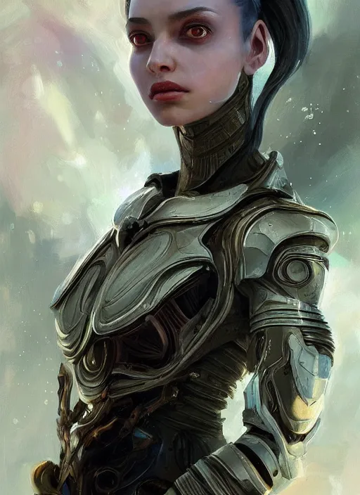 Image similar to a professional painting of a beautiful young female alien, clothed in ethereal armor, olive skin, long dark hair, beautiful bone structure, symmetrical facial features, intricate, elegant, digital painting, concept art, smooth, sharp focus, illustration, from Valerian and the City of a Thousand Planets, by Ruan Jia and Mandy Jurgens and Artgerm and William-Adolphe Bouguerea