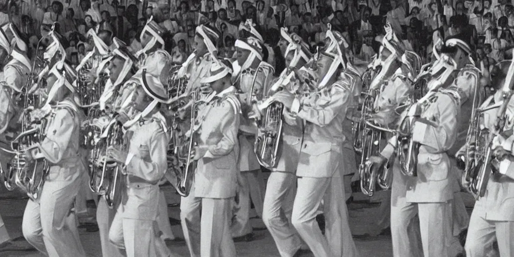 Prompt: saudi arabia military band in 1950s, old photograph