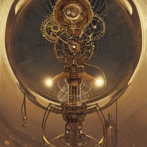 Prompt: Steampunk orrery, gorgeous, beautiful, intricate, highly detailed, digital painting, artstation, oppressive lighting, concept art, sharp focus, illustration, art by greg rutkowski and alphonse mucha