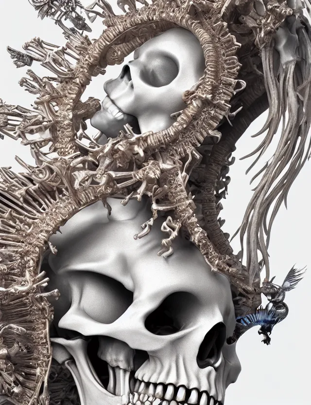 Image similar to 3 d goddess skeleton macro close - up portrait with crown made of ram skull. betta fish, jellyfish phoenix, bioluminiscent fire, plasma, ice, water, wind, creature, super intricate ornaments artwork by tooth wu and wlop and beeple and greg rutkowski