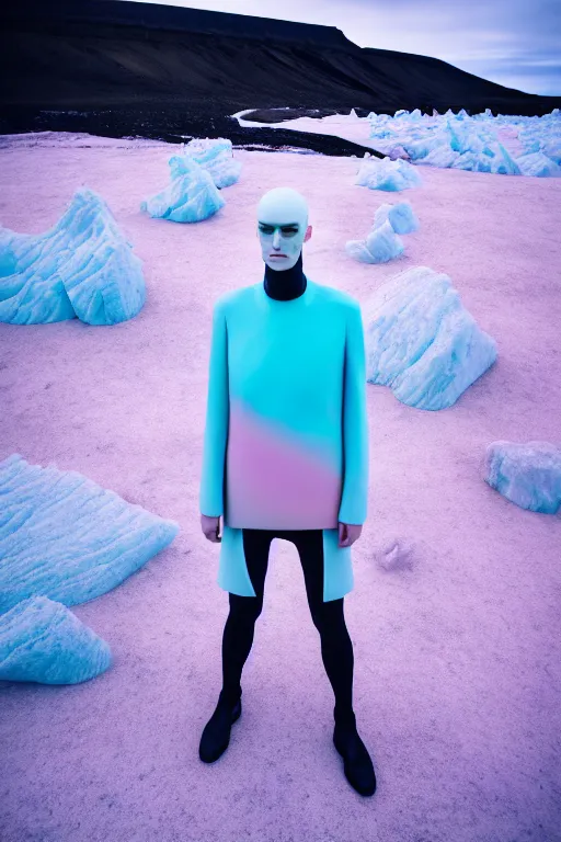 Image similar to high quality pastel coloured film wide angle selfie photograph of an androgynous cyber model standing in an icelandic black rock environment. three point light. photographic. art directed. pastel colours. volumetric light. stark. rocks. waves. 8 k. filmic.