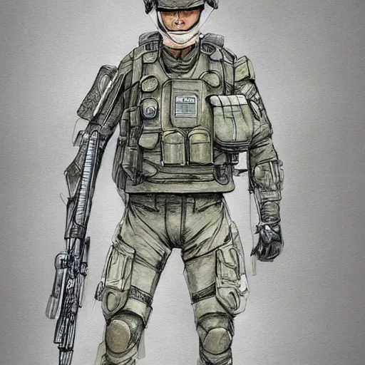 Image similar to a perfect, realistic professional digital sketch of Chinese SWAT soldier in style of Marvel, full length, by pen and watercolor, by a professional French artist on ArtStation, on high-quality paper