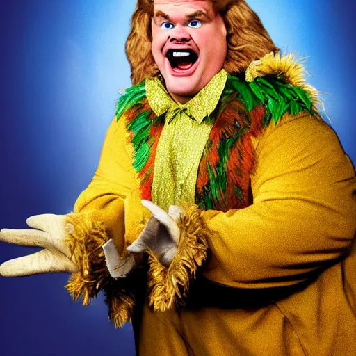 Image similar to snl chris farley as the cowardly lion of oz, studio poster photography, trending on artstation, featured on deviantart, award winning costume