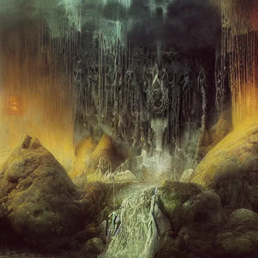 Image similar to the throne of abudance, matte painting, gold waterfalls | highly detailed oil painting, hyperrealistic, very intrincate | cinematic lighting, award - winning | by rachel ruysch, giger, beksinski and bocklin | by austin osman spare and william blake, trending on artstation, cgsociety, official art, octane.