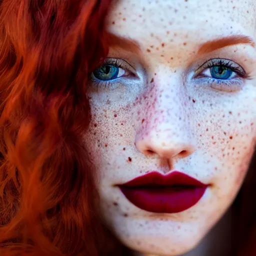Prompt: close up hald face portrait photograph of a redhead woman with stars in her irises, deep red lipstick and freckles. Wavy long hair. she looks directly at the camera. Slightly open mouth, face covers half of the frame, with a park visible in the background. 135mm nikon. Intricate. Very detailed 8k. Sharp. Cinematic post-processing. Award winning portrait photography