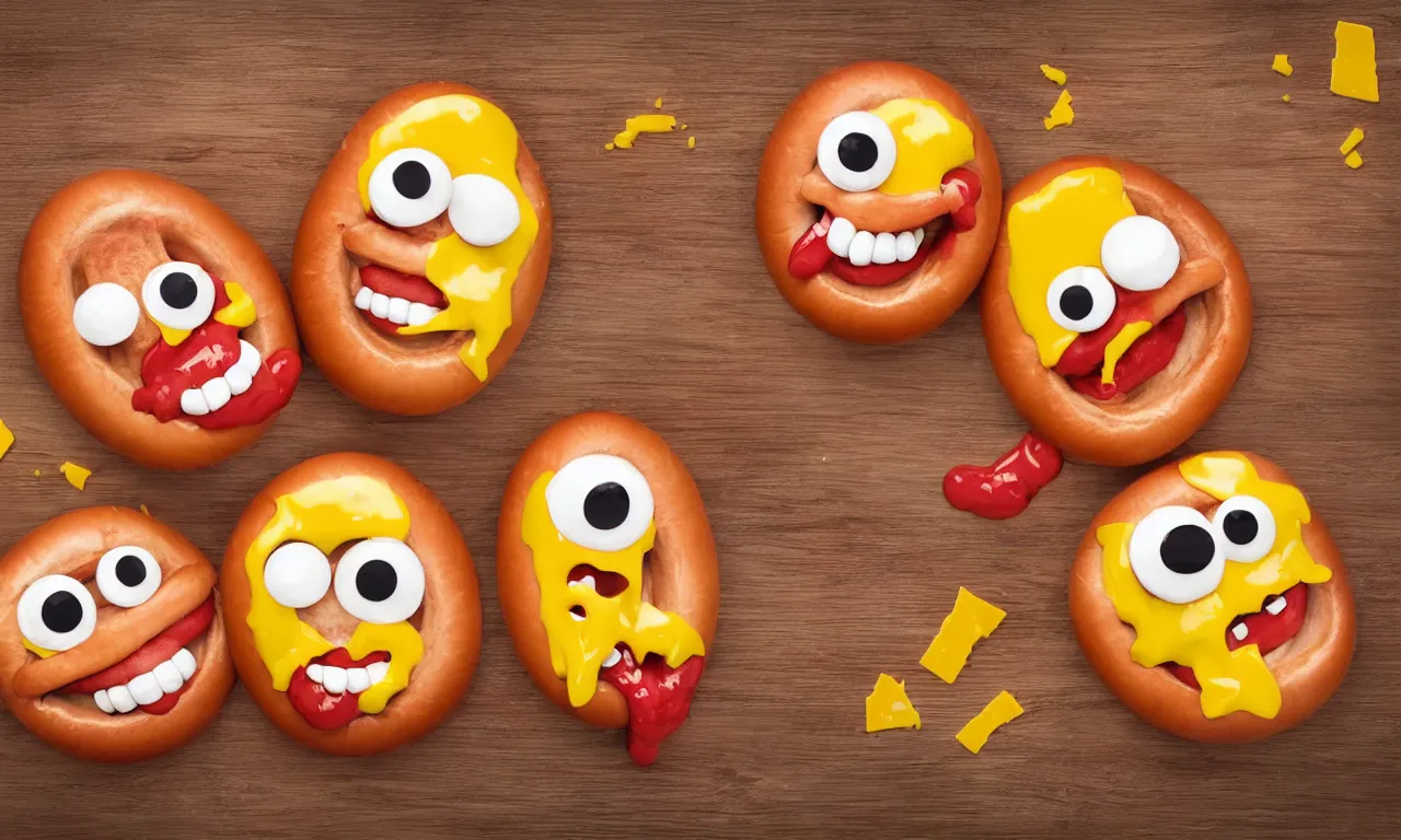 Prompt: happy smiling hotdogs with googly eyes having fun, dripping with ketchup and mustard and cheese, photorealistic