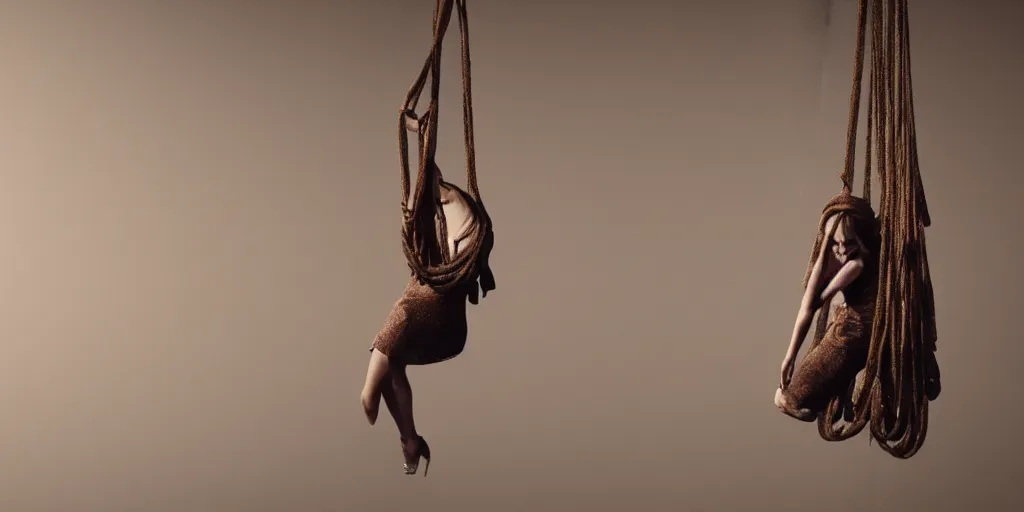 Image similar to a highly detailed photographic render of a woman hanging from a noose, horror, beautifully lit, ray traced, octane 3D render, octane render, unreal engine