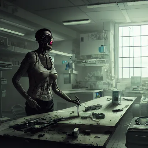 Prompt: confused patient holding a knife in an abandoned cyberpunk medical lab, ultra realistic, concept art, intricate details, eerie, highly detailed, photorealistic, octane render, 8k, unreal engine, art by Ben Evrard