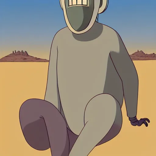 Image similar to a study of cell shaded cartoon of a grey robot baboon from howl's moving castle ( 2 0 0 4 ) on a desert road, full body, wide shot, very muted colors, post grunge, studio ghibli, laurie greasley, highly detailed, deviantart, art by artgem